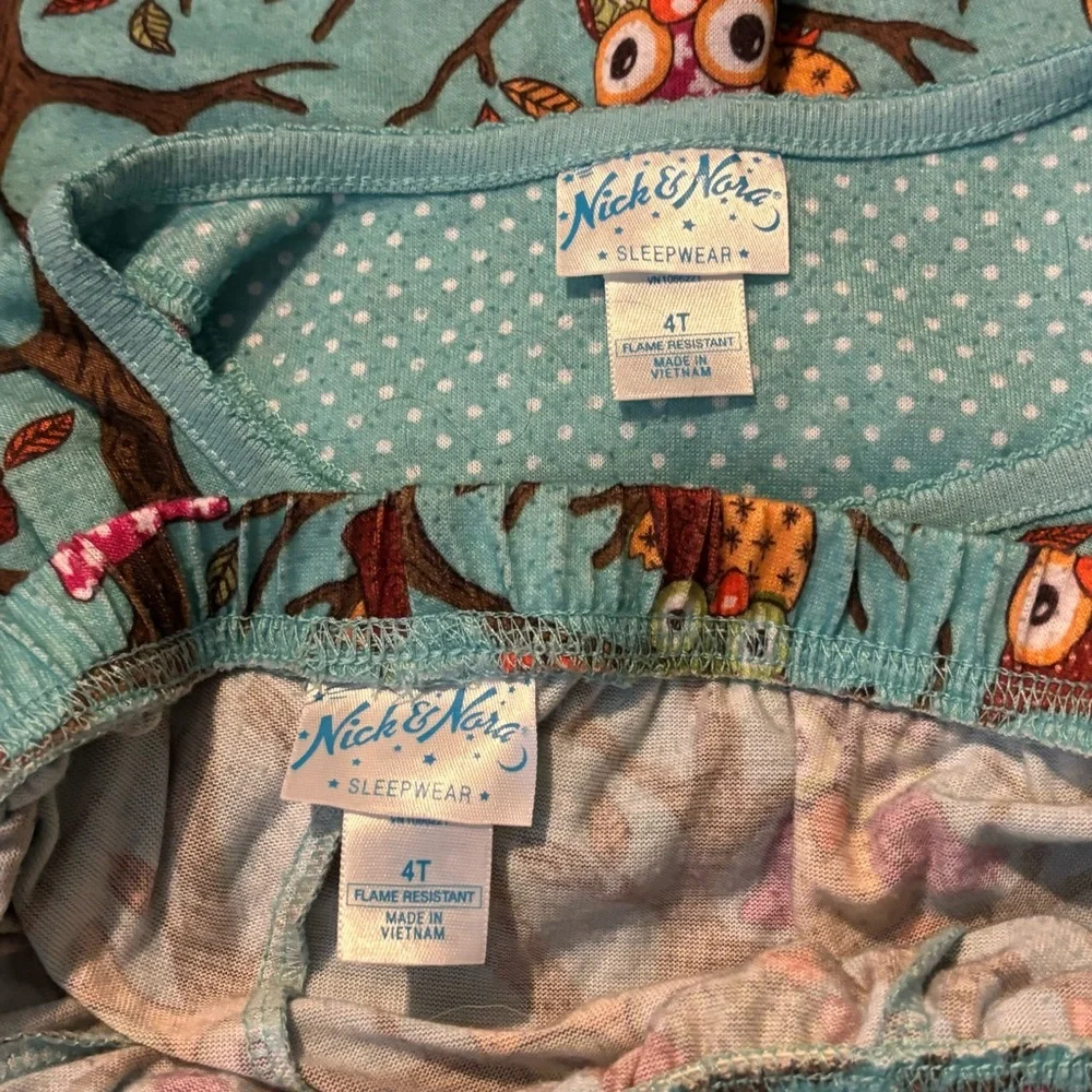 Nick & Nora 4T FLAME RESISTANT 2 Piece Pajamas Owls Long pants & Button up top